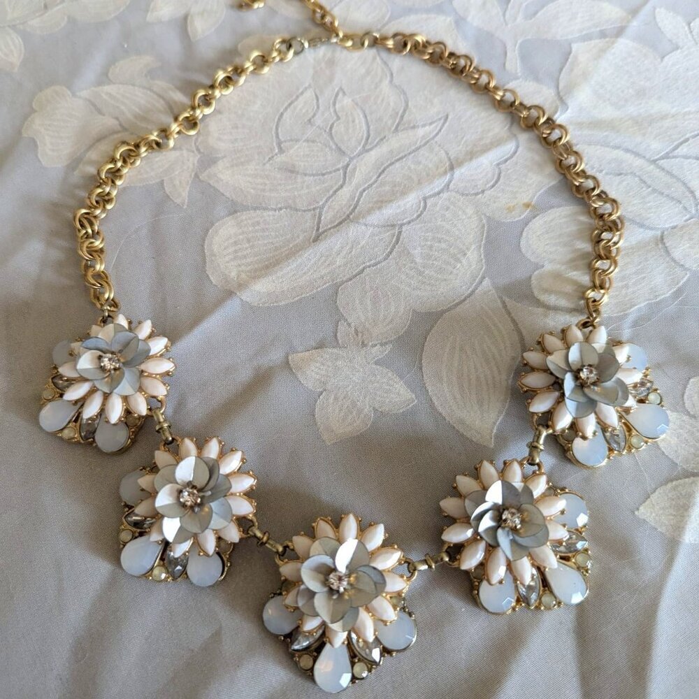 Vintage Floral Statement Necklace Gold Tone Gray